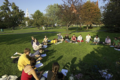 student on green