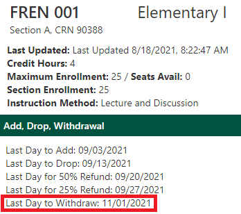example showing withdrawal dates for a particular course