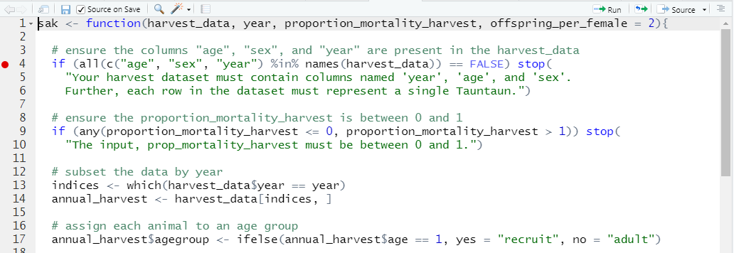 Breakpoints in RStudio appear as red dots in the margin.