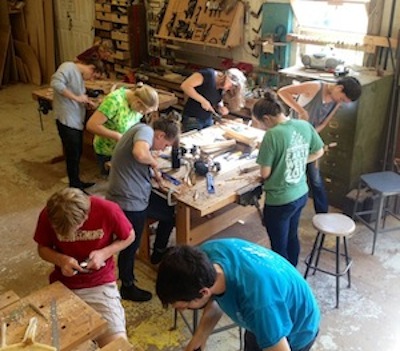 Students in the woodshop at Shelburne Farms